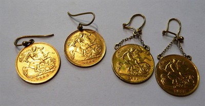 Lot 168 - Four half sovereign earrings: 1905, 1904, 1911 and 1913