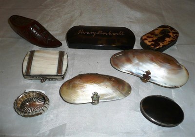 Lot 175 - A silver box (a.f.), two shell purses and another purse, a treen snuff box, two snuff boxes and...