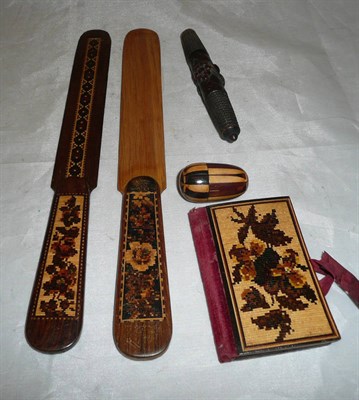 Lot 179 - Two Tunbridge ware page turners, Tunbridge ware small needle case, thimble case and a carved bodkin