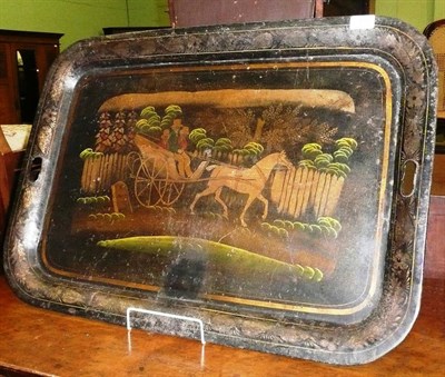 Lot 198 - A rare 19th Century Toleware tray, painted with a horse-drawn open carriage