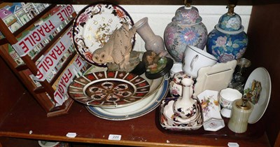 Lot 220 - A shelf including a Royal Crown Derby plate, Masons Mandalay ceramics, etc