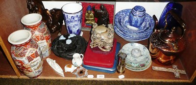 Lot 221 - A shelf including crested china, carved wooden vase stand, Rington's blue and white etc