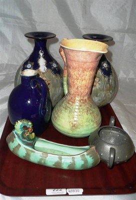 Lot 222 - A pair of Doulton vases (drilled), a Burleigh ware posy vase modelled as a canoe, a Sylvac vase etc