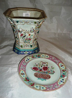 Lot 225 - An 18th century famille rose plate and a Cantonese square baluster vase (lacking handles and lid)