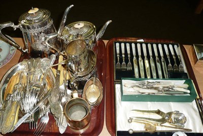 Lot 226 - Two trays of assorted plated wares including flatware, a four piece tea service etc