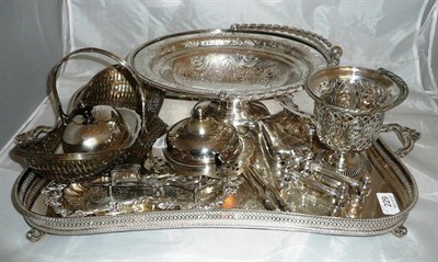 Lot 229 - A silver plated twin handled tray with pierced gallery, a plated swing handle basket etc