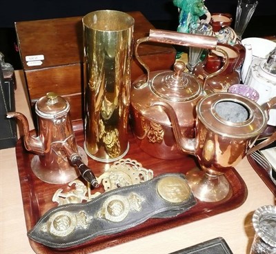 Lot 236 - A collection of copper and brassware including a kettle, horse brasses etc