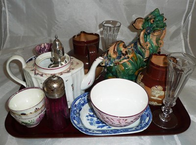 Lot 237 - A tray of assorted ceramics and glassware including Doulton stoneware, 19th century teapot etc