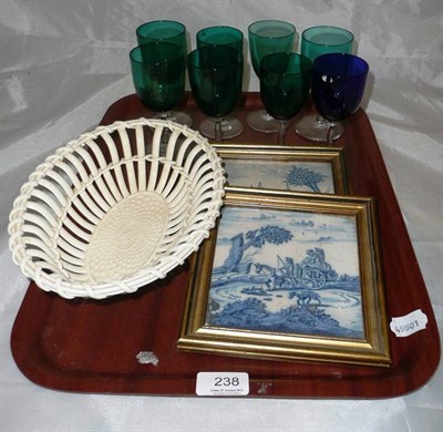 Lot 238 - Two 18th century Delft tiles, eight glasses and a creamware basket