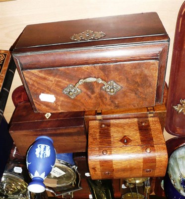 Lot 245 - Five tea caddies, a biscuit barrel and a vase