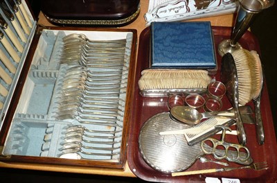 Lot 246 - A collection of silver including dressing table items, teaspoons, plated ware etc, also a...