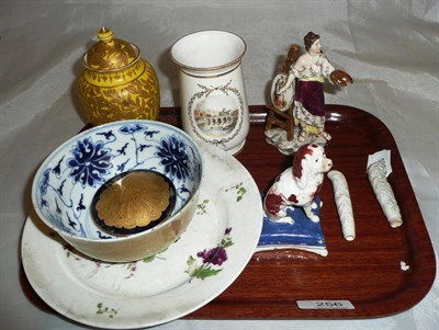 Lot 256 - Worcester vase, Derby vase, creamware bowl, pair of Bow porcelain knife handles etc