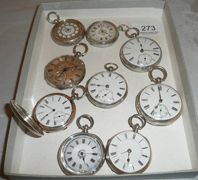 Lot 273 - Five silver fob watches and four fob watches stamped fine silver (9)