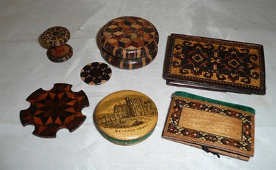 Lot 283 - Two Tunbridge ware needle cases, thread holder, bobbin, circular box and cover, circular disc and a