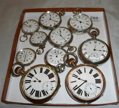 Lot 288 - Six nickel plated pocket watches, three Swiss fob watches and a Swiss chronograph pocket watch