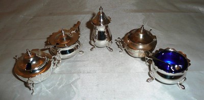 Lot 291 - Two silver mustards and three plated condiments