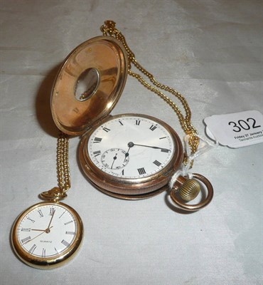 Lot 302 - A gold plated half hunter pocket watch and a fob watch with chain