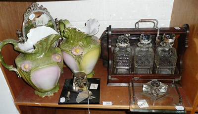 Lot 309 - A cased Mah-jong set, a Gladstone bag, a pair of jugs, two inkstands, a mirror and a tantalus...