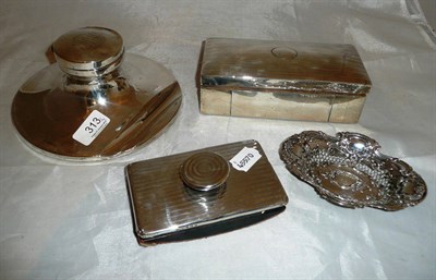 Lot 313 - Silver capstan inkwell, blotter, dish and cigarette box (4)