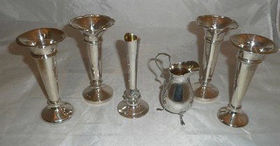 Lot 332 - Two pairs of silver trumpet vases, a cream jug and a specimen jar