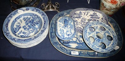 Lot 341 - Set of ten Willow pattern soup bowls, a meat dish, egg stand, tureen and drainer