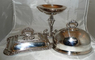 Lot 343 - A silver plated comport, an entree dish and a cloche/meat dome