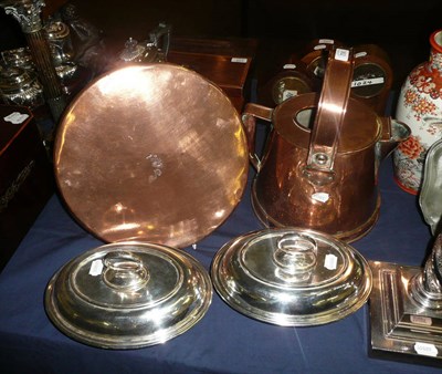 Lot 362 - An Arts and Crafts copper jug, a copper lid engraved with the Percy crest, and a pair of plated...