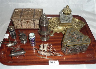 Lot 371 - A silver sugar castor, an Eastern niello box, an Art Nouveau style casket and a brass inkwell