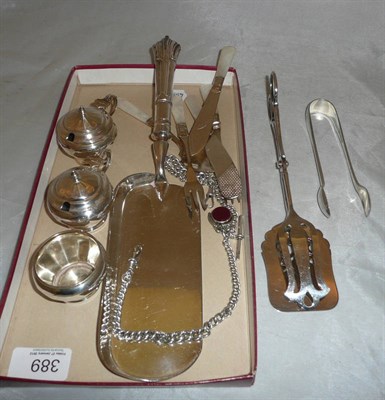 Lot 389 - A silver three piece mustard, a quantity of plated ware and a silver watch chain