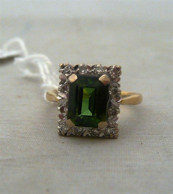 Lot 392 - 18ct gold green tourmaline and diamond oblong cluster ring