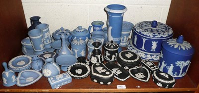 Lot 412 - A shelf of assorted Wedgwood and other Jasper ware including a stilton cheese dome and cover