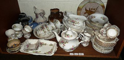 Lot 413 - A shelf including a Royal Albert 'Moss Rose' part tea service, a Doulton jug with silver collar etc