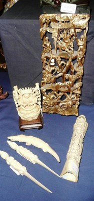 Lot 427 - A Chinese gilt wood carving, an Indian carved ivory deity, a tusk vase and three other carvings