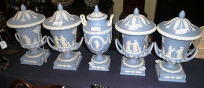 Lot 432 - Four Wedgwood Jasper ware campana form twin handled urns and covers and another similar (5)