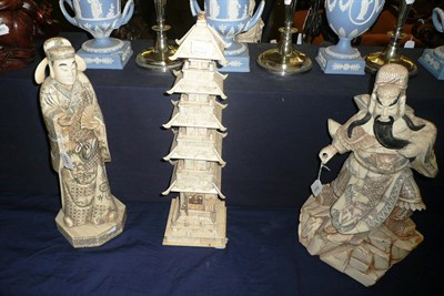 Lot 444 - A large carved bone model of a temple and two other bone carvings of scholars