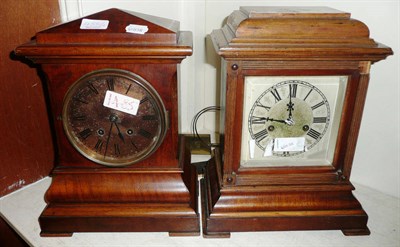 Lot 458 - A mahogany cased chiming mantel clock and a chiming mantel clock signed 'Terry, Manchester'