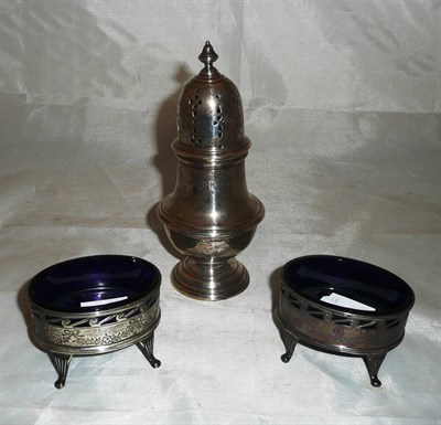 Lot 470 - A pair of silver salts and a silver sugar castor