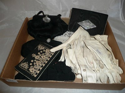 Lot 483 - Five Art Deco evening purses and two white beaded purses and assorted white kid leather gloves