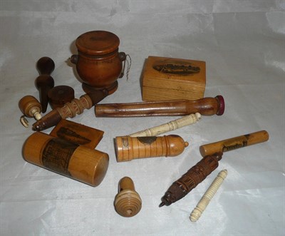 Lot 484 - Assorted Mauchline ware and treen sewing accessories including bodkin holders, treen 'prodder',...