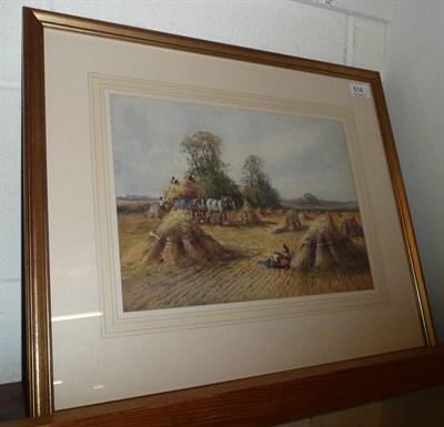 Lot 514 - C. Kipling (19th/20th century), figures loading a horse-drawn hay cart, signed, watercolour,...