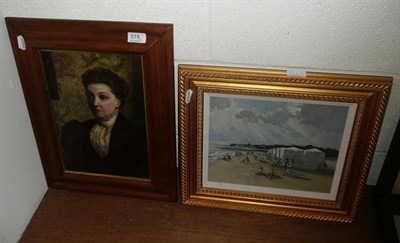 Lot 518 - Oil on board beach scene, oil portrait and a watercolour estuary scene