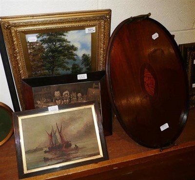 Lot 531 - Louis Wain sepia print, oil - shipping, oil - river landscape, Edwardian galleried tray (4)