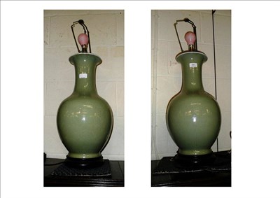 Lot 551 - Pair of modern Celadon vases/lamps