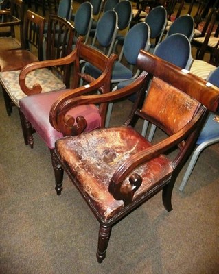 Lot 604 - A 19th century mahogany elbow chair with leather seat and back, a Regency style elbow chair,...