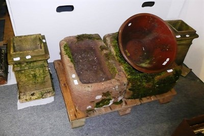 Lot 743 - Two sandstone troughs, a pair of chimney pots and a large bowl