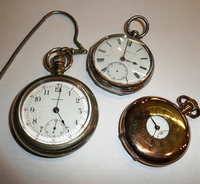 Lot 4 - Gold plated half hunter pocket watch, silver pocket watch and a plated example