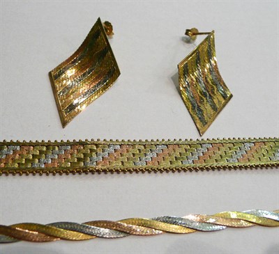 Lot 11 - A 9ct three colour gold brick link bracelet, a 9ct three colour gold necklace and a pair of...