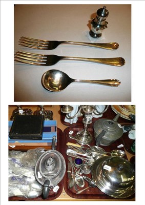 Lot 21 - Two silver forks, a spoon, five coffee spoons, a quantity of plate, fish knives and forks and a...