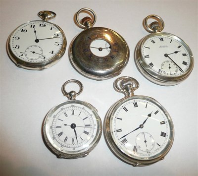 Lot 35 - Three silver keyless pocket watches, one pocket watch with case stamped 925 and a small chronograph