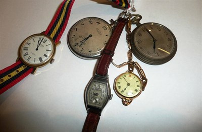 Lot 48 - A lady's 15ct gold wristwatch, a bracelet stamped 375 to clasp, two other wristwatches and a...